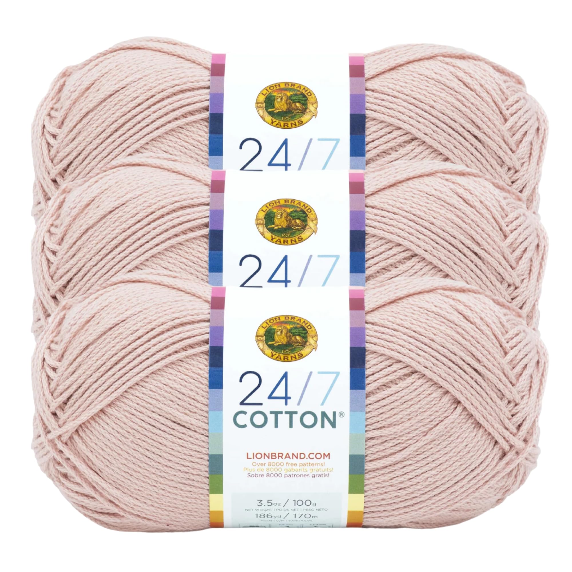 Lion Brand YarnLightweight 24/7 Cotton Yarn for Knitting, Crocheting, and Crafts, Beechnut, 3 Pack