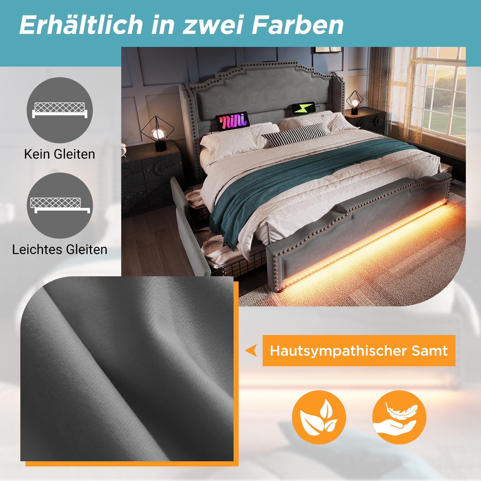 Merax Polsterbett 180x200cm Doppelbett Bettrahmen mit 4 Schublade, Gepolstertes Bett mit LED & USB-C-Ladeanschluss, Stauraumbett Funktionsbett mit Lattenrost, Samt, Retro-Stil, ohne Matratze, Grau
