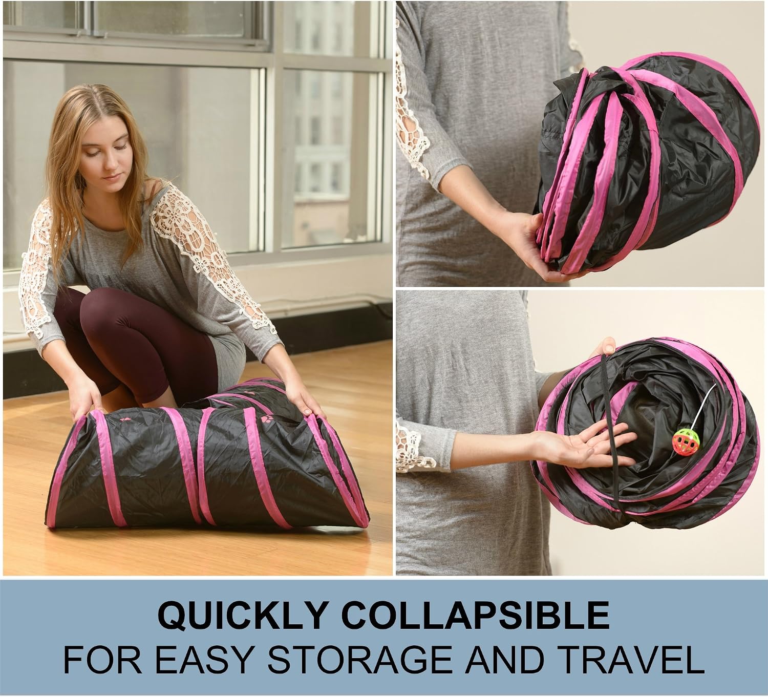 Cat Tunnel - Collapsible 3 Way Play Toy - Tube Fun for Rabbits, Kittens, and Dogs - Grey image 4