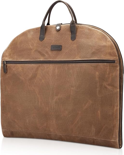 Polare 43” Full Grain Leather Trim Waxed Canvas Carry On Garment Bag for Travel, Waterproof Dust-Proof Foldable Hanging Suitcase Weekender Garment Cover with YKK Zipper
