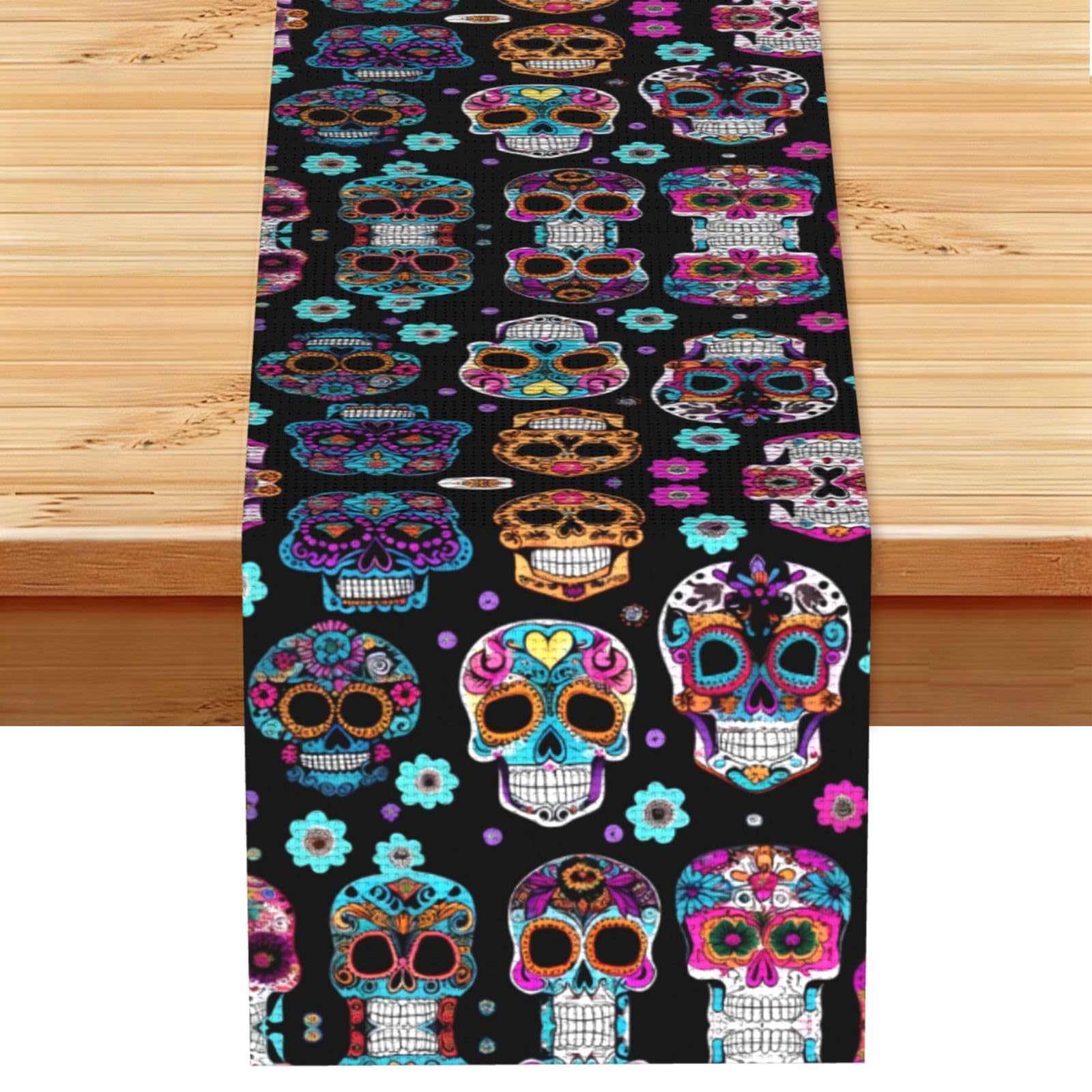 Sugar Skull Printed Dining Table Runner 13x72 Inch, Non-Fading Decor for Kitchen Dresser Fireplace Mantel