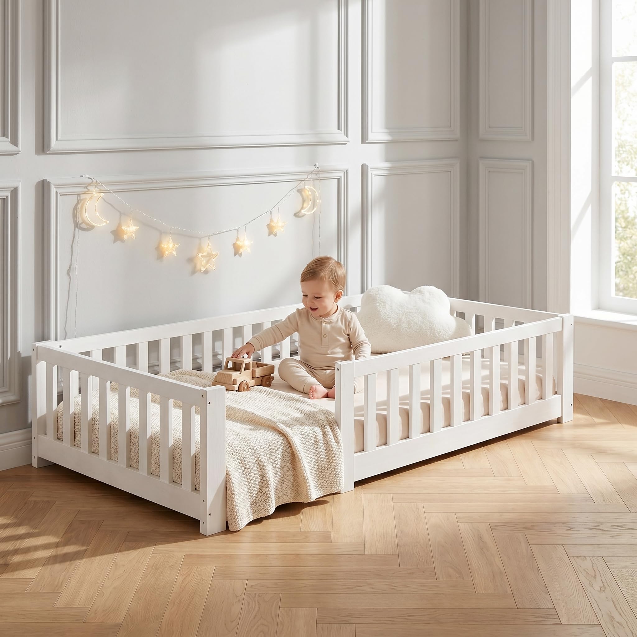 Łóżko dziecięce 90 x 200 cm z ogrodzeniem i drzwiami, łóżko podłogowe Montessori z ochroną i stelażem, drewniane łóżko do pokoju dziecięcego, łóżko pojedyncze dla chłopców i dziewcząt