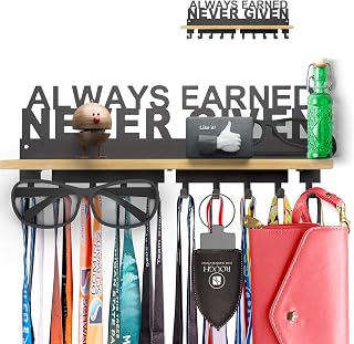 ibobbish Premium Metal Trophy Medal Display Shelf with Hooks - Sturdy Wall Mount Holds 33lbs for Sports Awards