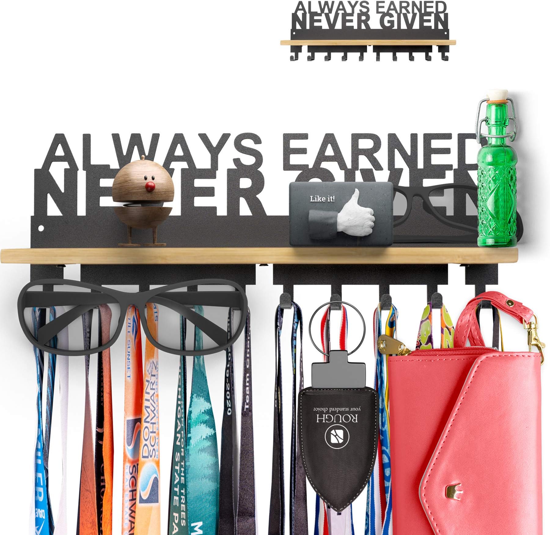 iBobbish Premium Trophy and Medal Display Shelf,Metal Trophy Shelf with Hooks Upgraded,Trophy Display,Sturdy Trophy Shelf with Hooks for Medals in Black Metal Wall Mount Medals Packed Gift