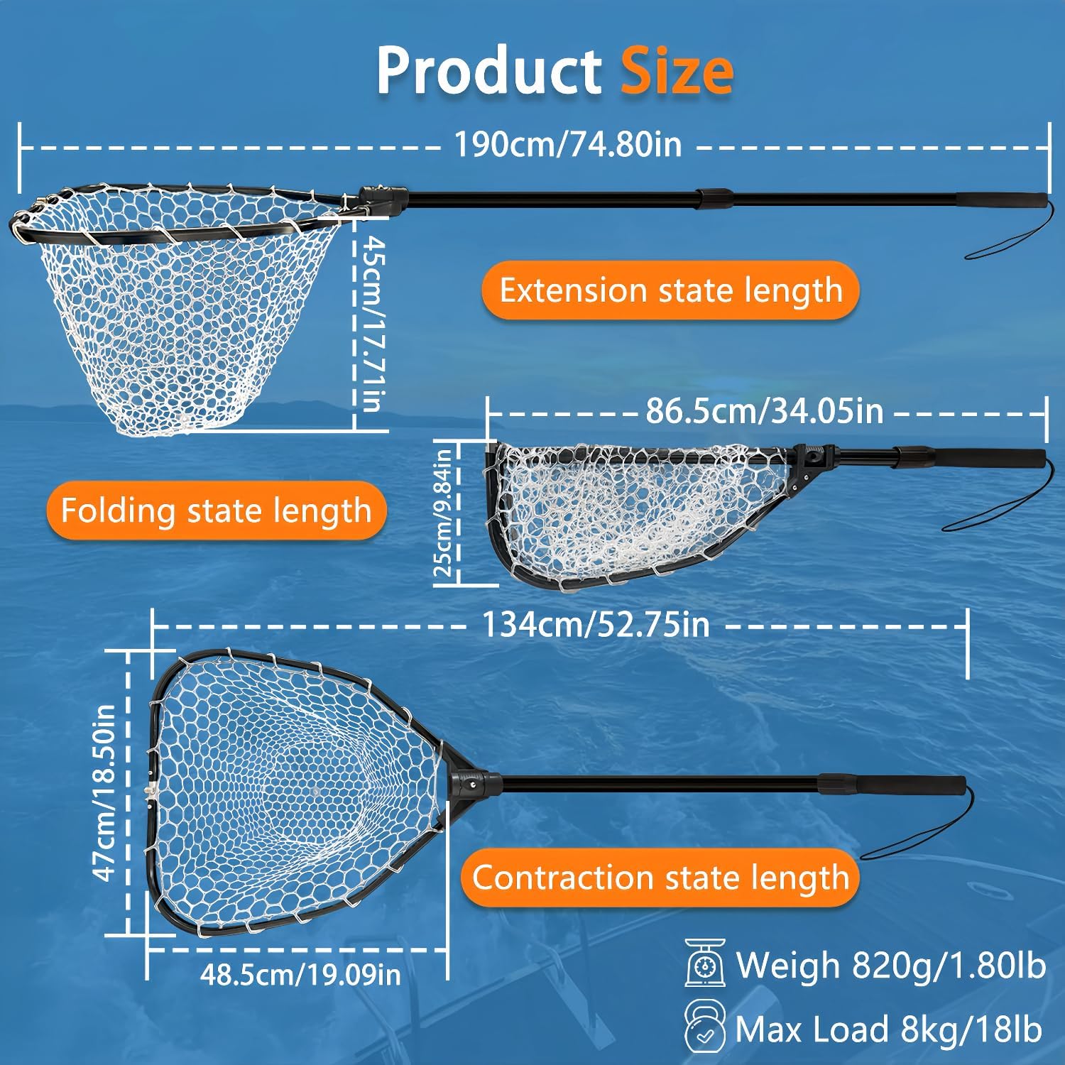 74.8in Fishing Net with Handle, Collapsible Foldable Landing Net Extendable with Aluminum Handle, Large Rubber Foldable
