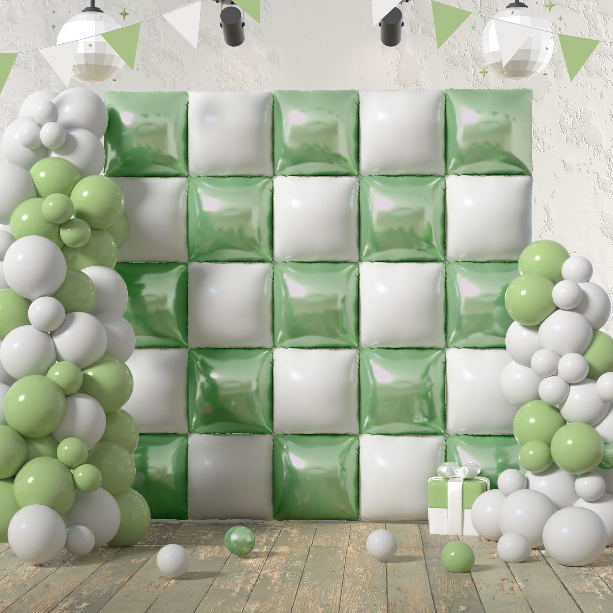 Orgnafey Sage Green and White Square Foil Balloons Balloon Arch Garland Kit Flat Double Sided Mylar Wall Backdrop Tunnel For Birthday Oh Baby Shower