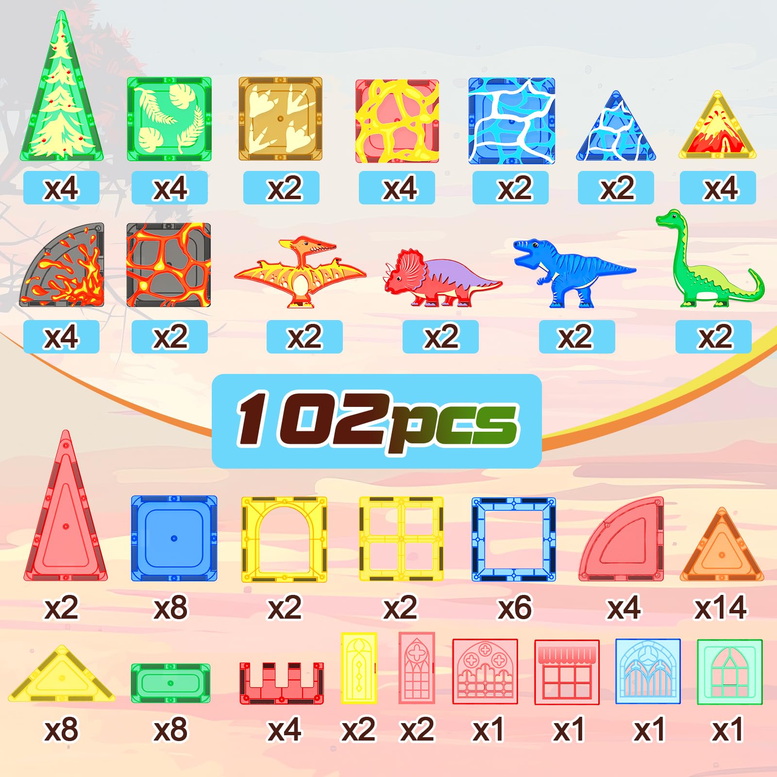 Coodoo Dinosaur Magnetic Tiles - 102 Piece Set -6