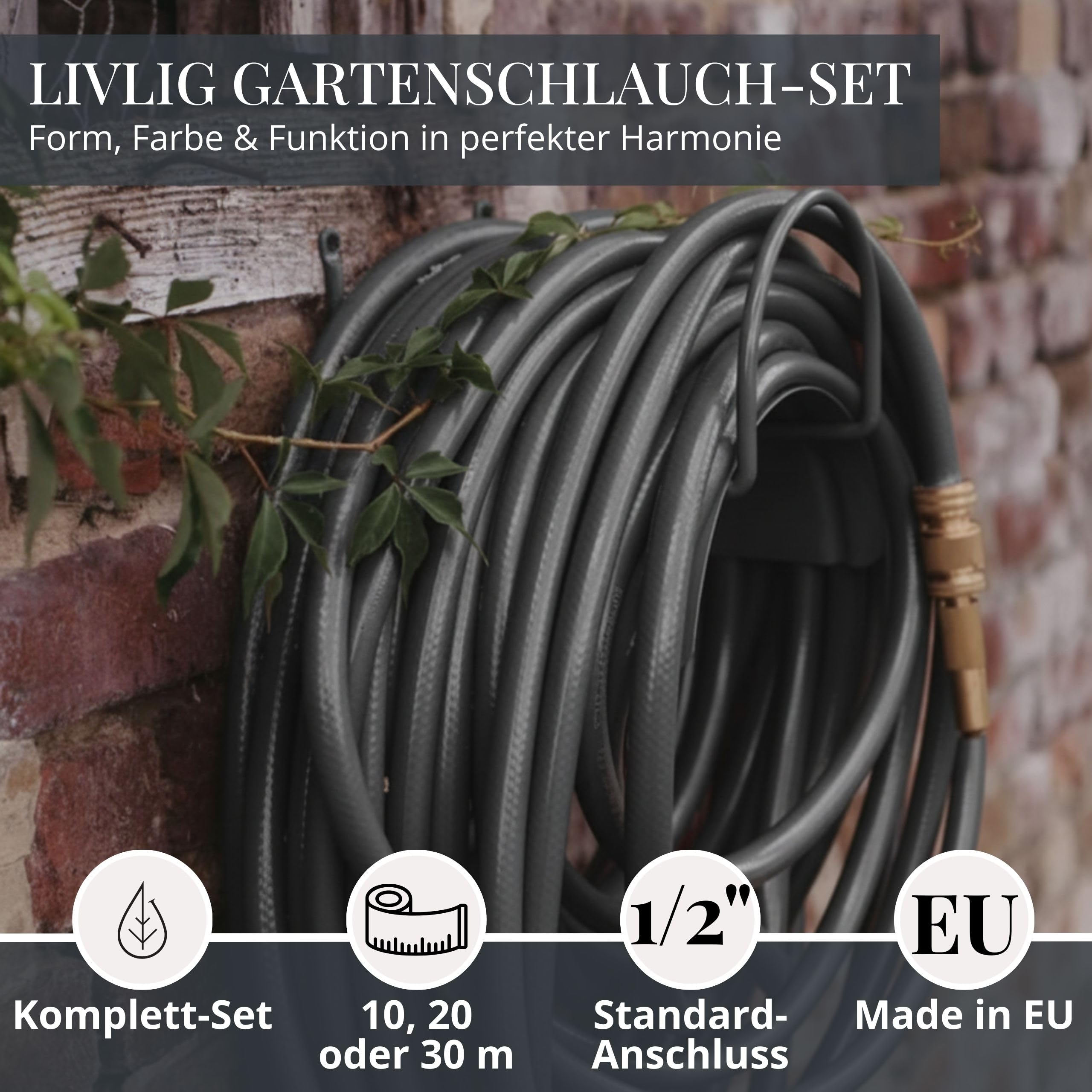 LIVLIG Gartenschlauch 1/2 Zoll 30 m Set – 1/2 Zoll Wasserschlauch inkl. Wandhalterung und Messing Sprühpistole (stufenlos regulierbar) & Kupplungen, Bewässerungs-Set 30m, Anthrazit