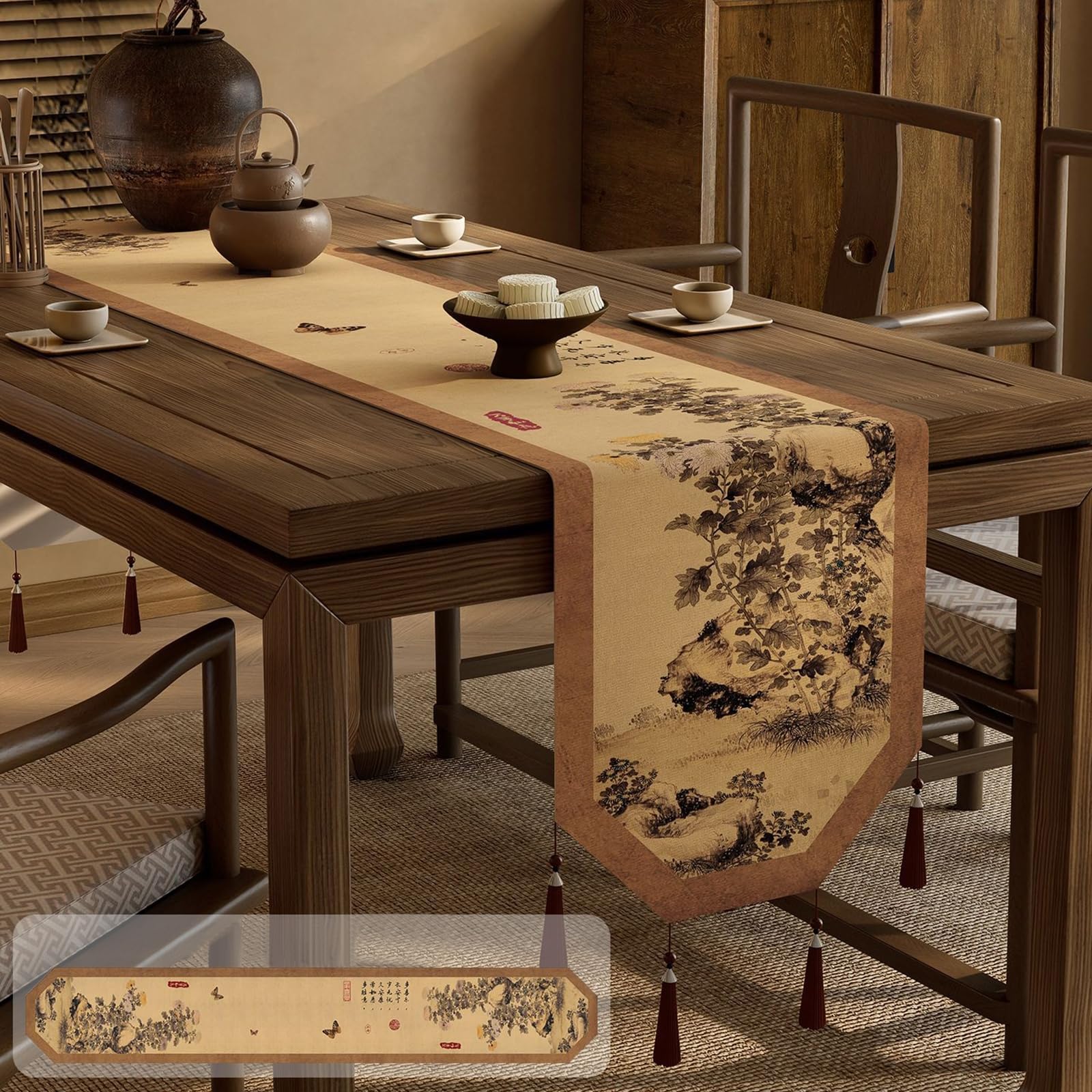 Runner da Tavolo Poliestere Lino 35x200 cm, Runner da Tavola Moderno Lavabile Motivo Farfalle e Rami D'Albero con Nappe Decorazioni per Tavoli Feste Festival Matrimoni, Beige Marrone