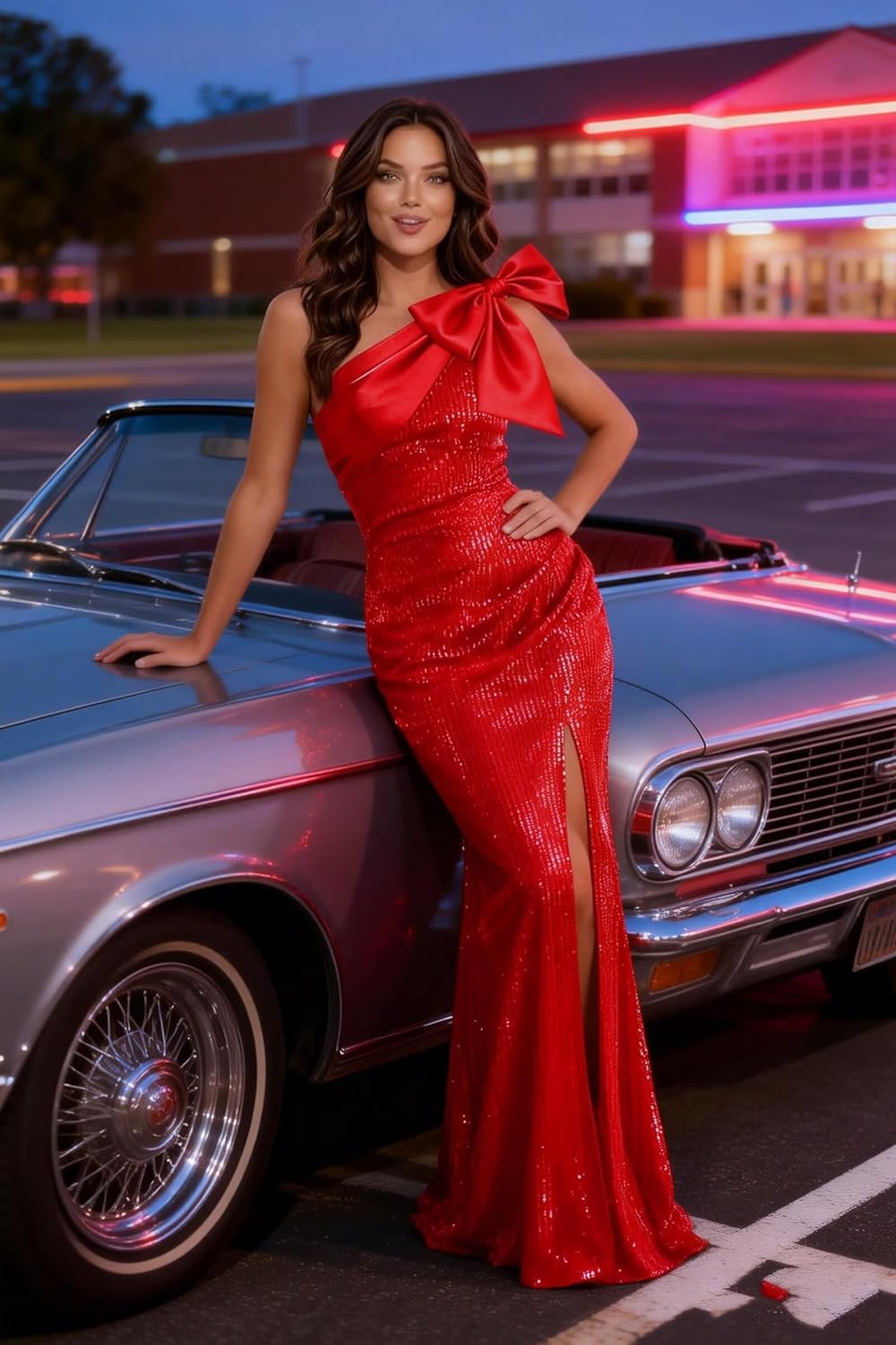 One Shoulder Bow Prom Dresses Ball Gowns 2026 Long Mermaid Sparkly Sequin Formal Evening Gowns with Slit L06006 - Image 5