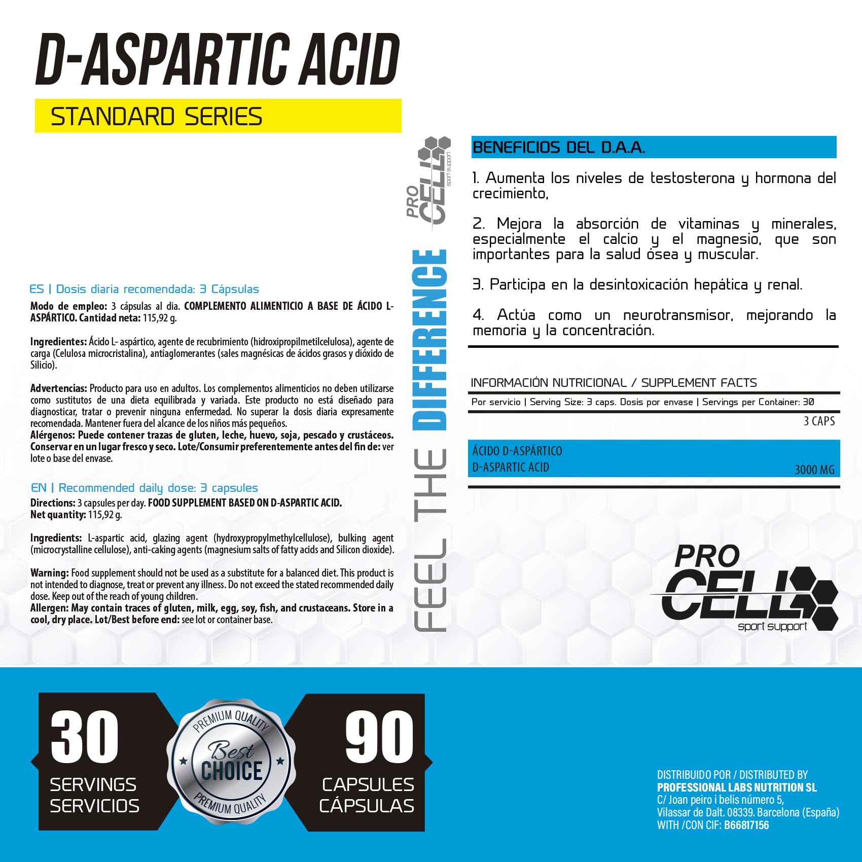 ProCell D-Aspartic Acid | PACK x2 UDS | Potenciador Natural de Testosterona - Anabólico Natural a Base de Ácido Aspártico - Aumento Masa Muscular, Rendimiento Deportivo y Salud Sexual