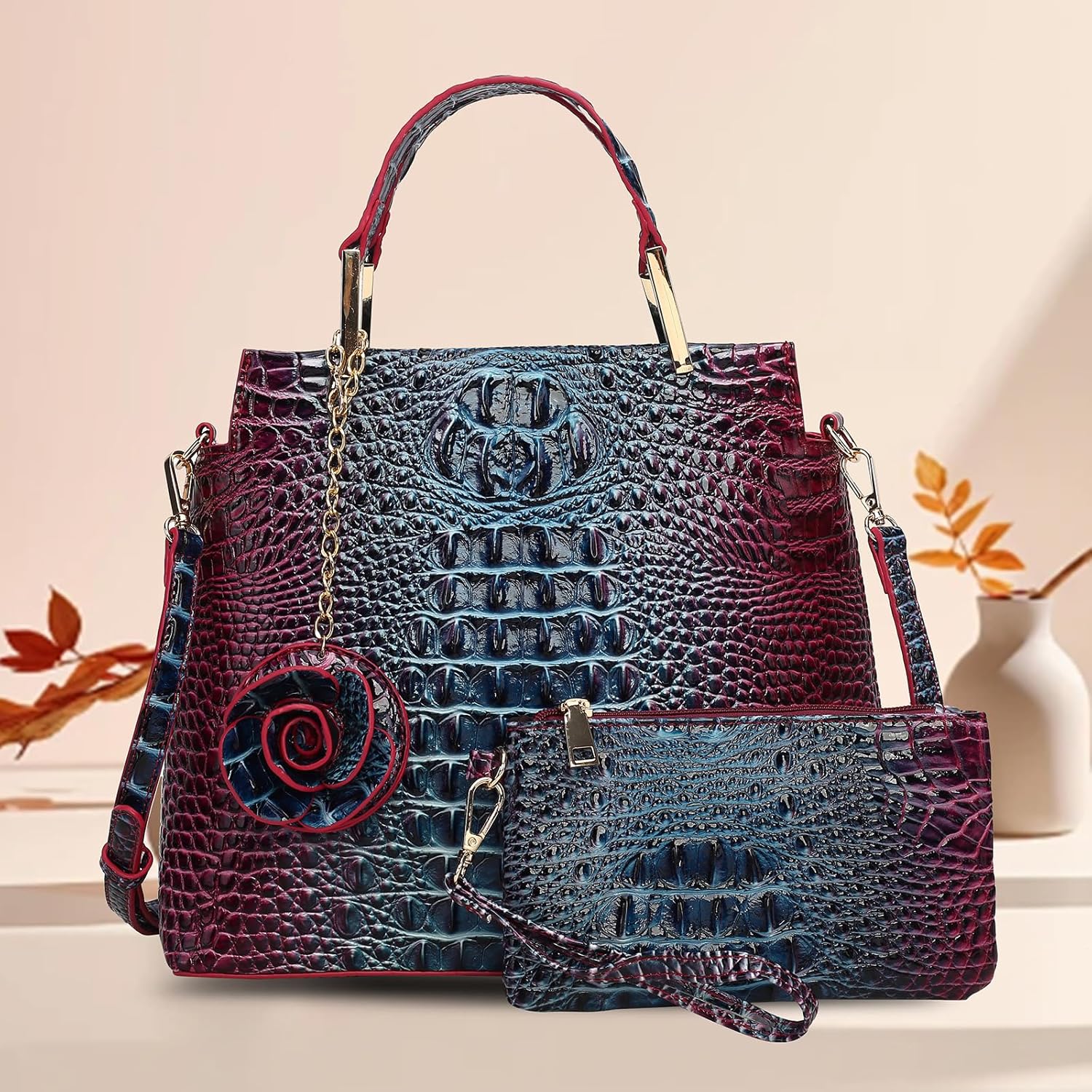 Gradient Tote Bag for Women with Wallet, 2-Piece Crocodile Purse Set, Large Structured Shoulder Bag for Work