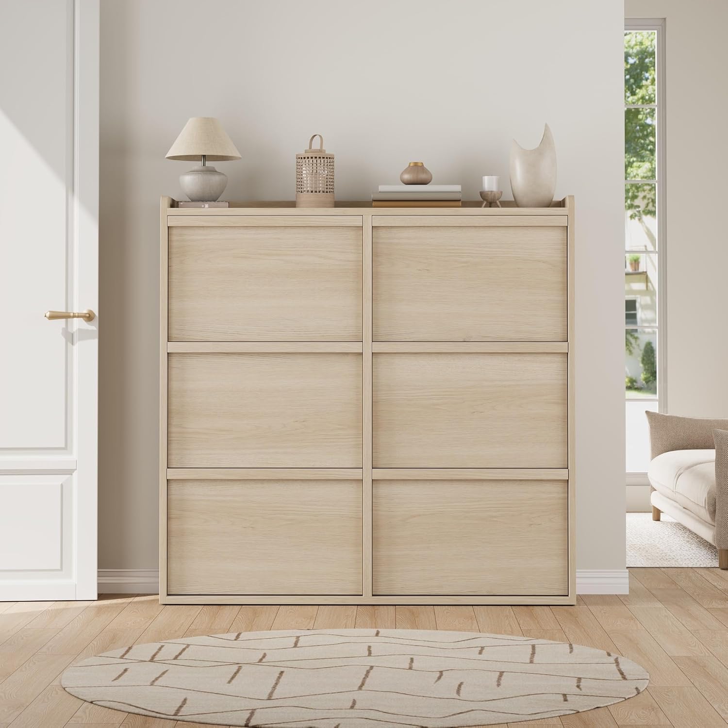 Shoe Storage Cabinet with 6 Flip-Down Doors, Wooden Entryway Shoe Organizer with Adjustable Shelf, Hidden Hallway & Living Room Storage