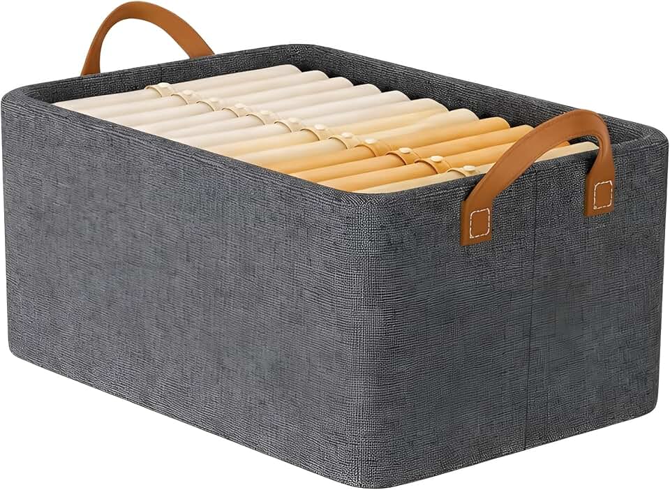 Cesto Organizador Multiuso 26L para Closet, Armário e Estante — Dobrável e Empilhável, Reforçado em Inox e MDF com Alça, Lavável, 47x28x20cm, Cinza