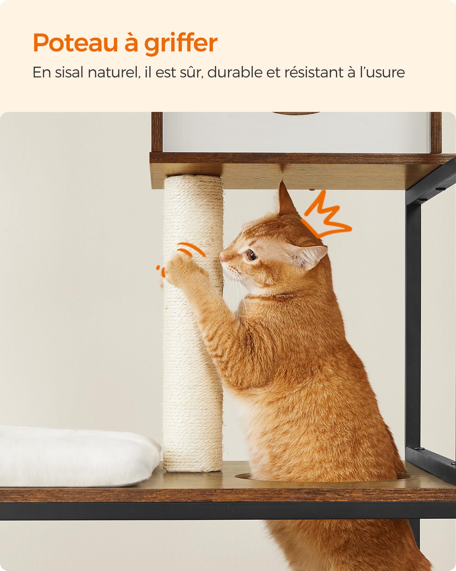 Feandrea Arbre à Chat, Maison pour Chat avec Cache-litière, Gamelles Surélevées, Poteau à Griffer en Sisal, Tapis Lavables, Marron Rustique PCT312X01