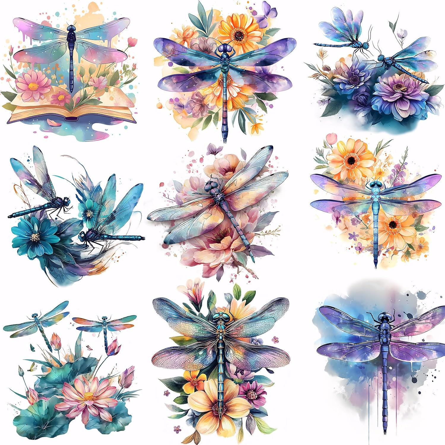 SUPERDANT 9Pcs Watercolor Flower and Dragonfly Heat Transfer Stickers Animal Iron on Transfers Iron on Patches Stickers Washable Sticker Paper for Clothing T-Shirt DIY Applique