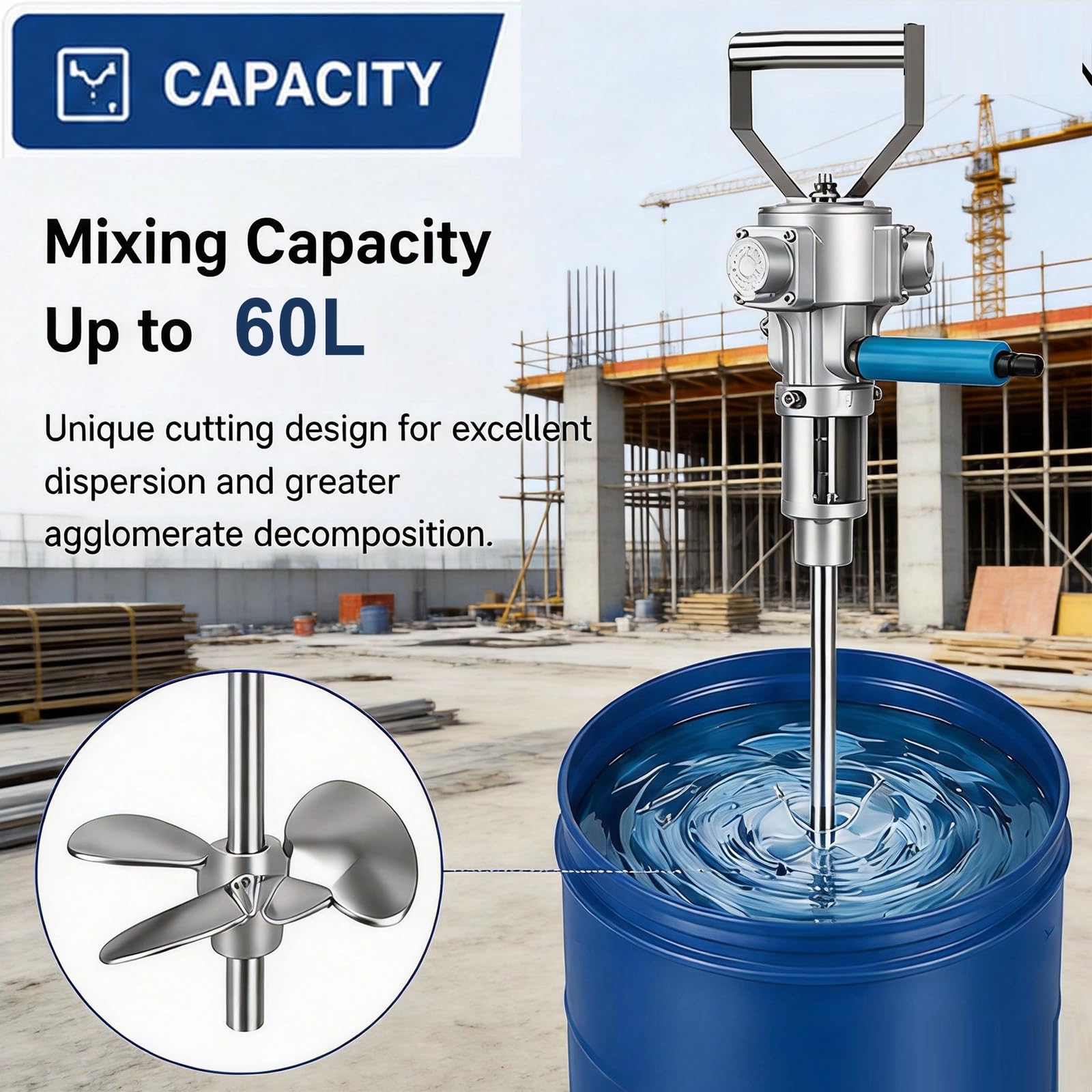 Mezcladora Neumática Portátil para Pintura, Capacidad De Mezcla: 60 L, Velocidad Ajustable De 50 a 2800 RPM, Presión De Aire De Trabajo: 6-8 Kg, Ideal para Obras Y Pequeños Talleres