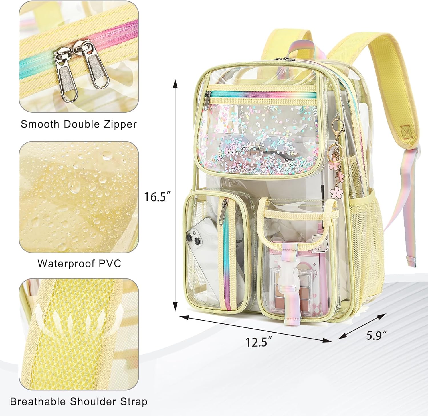 Clear Backpack for Girls Women, School Bookbag Heavy Duty See Through Backpacks (Light Yellow) - Image 5