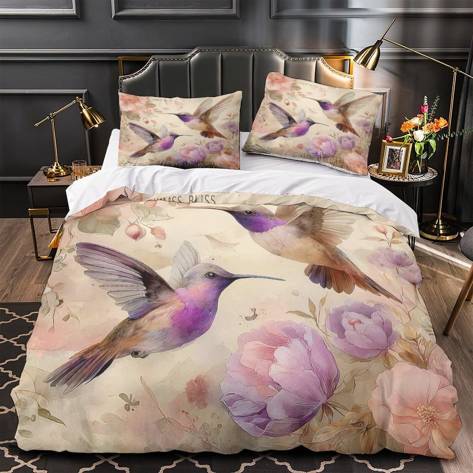 Housse de couette microfibre respirante 220x240 parure de lit colibri floral avec taie d'oreiller