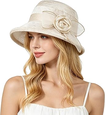Women Flower Bowler Sun Hat Wide Brim Cloche Bucket Hat Foldable Breathable Wedding Church Tea Party Fascinator
