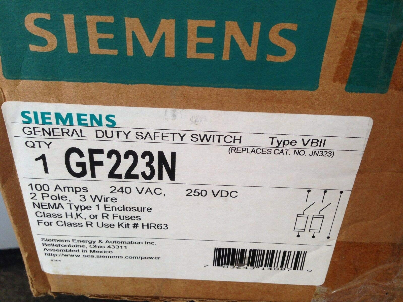 new SIEMENS GF223N DISCONNECT SWITCH, 2-POLE, 100A, 240VAC/250VDC, NEMA 1 FL