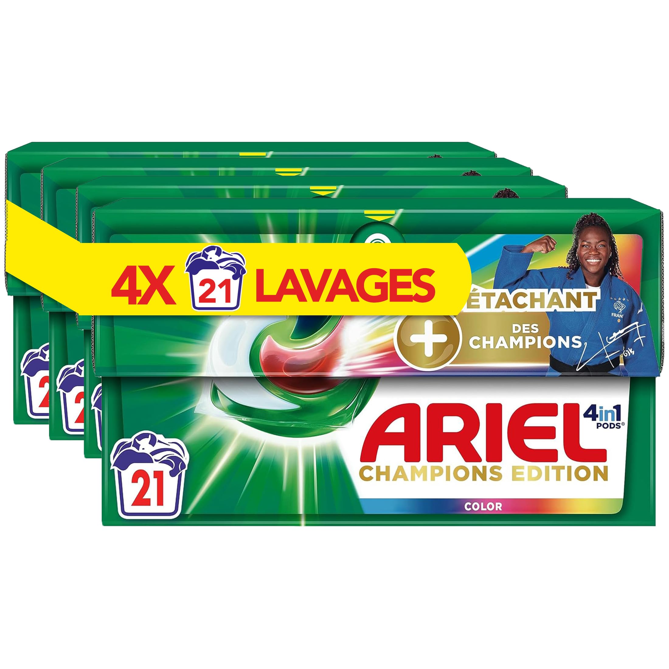 Ariel 4in1 PODS Lessive Liquide En Capsules 84 Lavages (4x21 Tablettes), Édition Champion, Extra Color Protection,Technologie Ultra Détachant, Élimine Les Taches Incrustées, Fabriqué En France