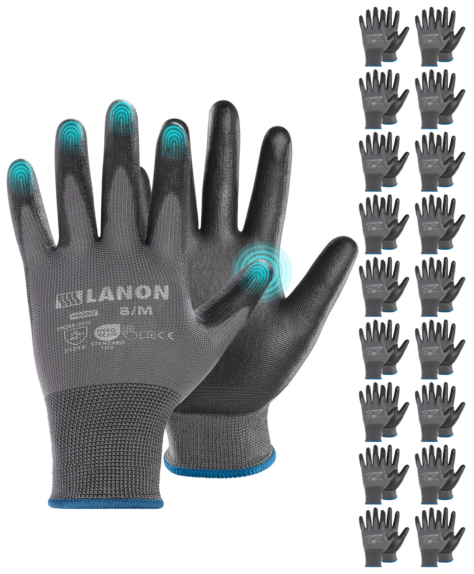 LANON 18 Pairs Grey Safety Work Gloves, PU Coated, Full Fingertip Touchscreen Working Gloves for Men and Women, Lightweight, Seamless Knit, Power Grip, EN 388, XL/10