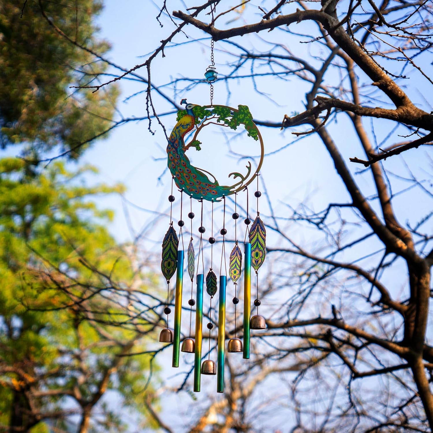 Peacock Dream Catchers Windchimes with Copper Bells 28" Peacock Wind Chimes for Outside Compose Zen Atmosphere Suitable for Outdoor, Garden, Unique Peacock Home Decor Ideal Gift - Image 8
