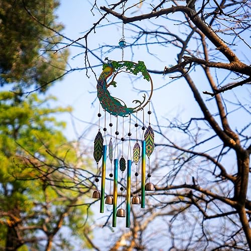 Miniatura 7 de Campanillas de viento, campanillas de viento de pavo real de 28 pulgadas con campanas de cobre componen un ambiente zen adecuado para exteriores,