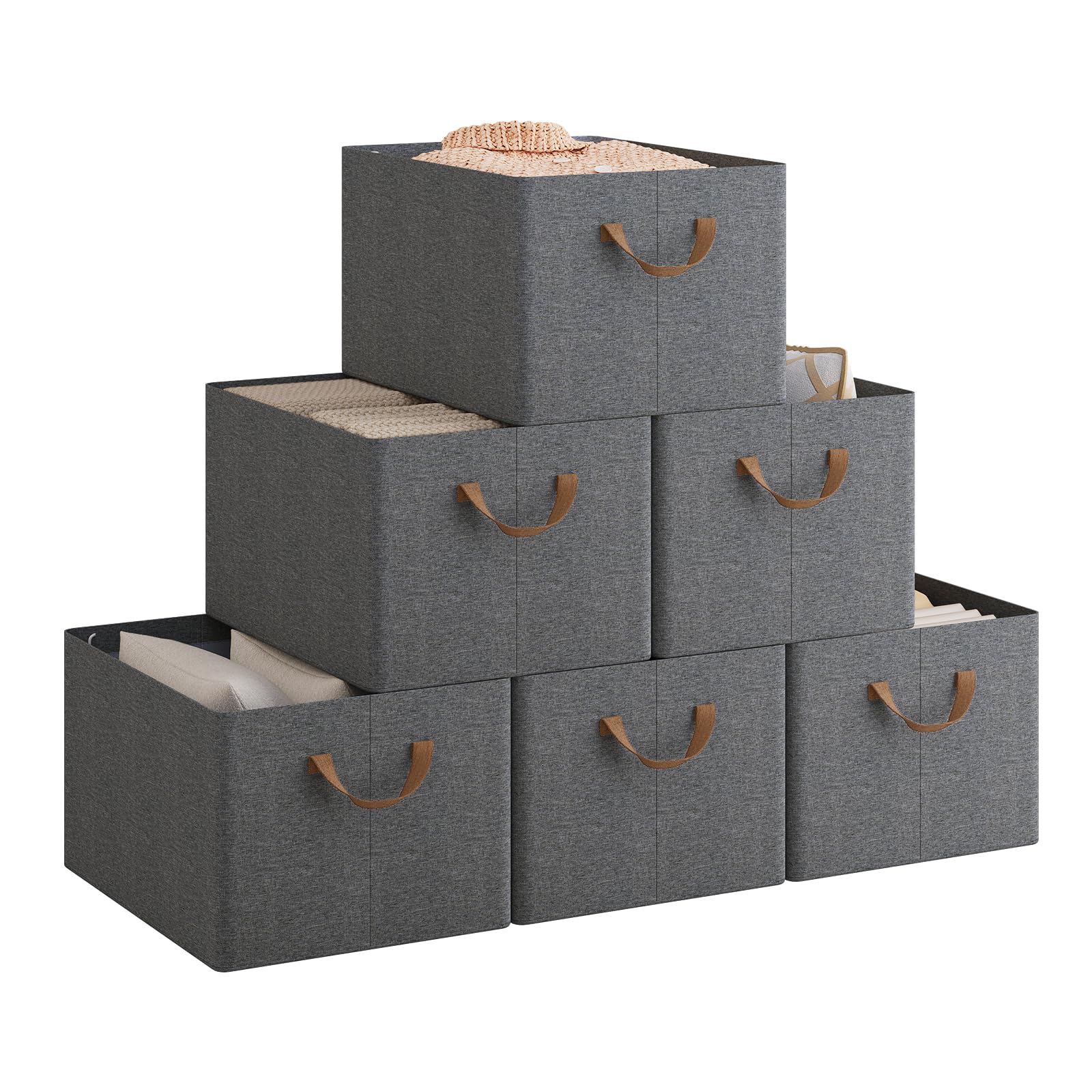 WOLTU ABB10gbn-6-UK Foldable Storage Boxes Set of 6, Fabric Storage Cubes with Handles, Organiser Boxes Clothes for Shelves, Grey, 42 x 32 x 26 cm โ image 1