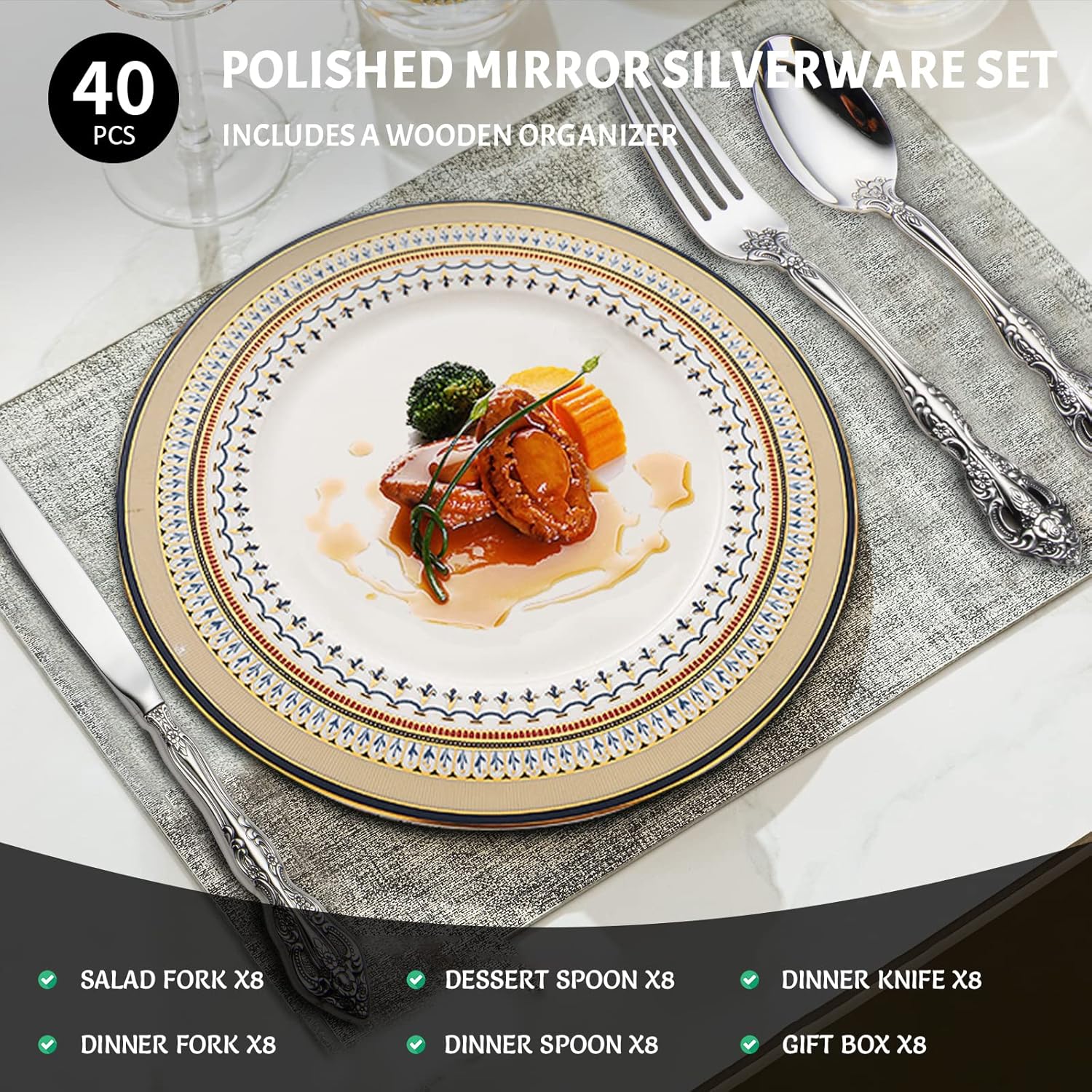 forMichelangelo Flatware Sets for 8, Elegant 18/10 Stainless Steel Silverware Set, Cutlery Sets for 8 People, Dishwasher Safe(40pcs, Silver)