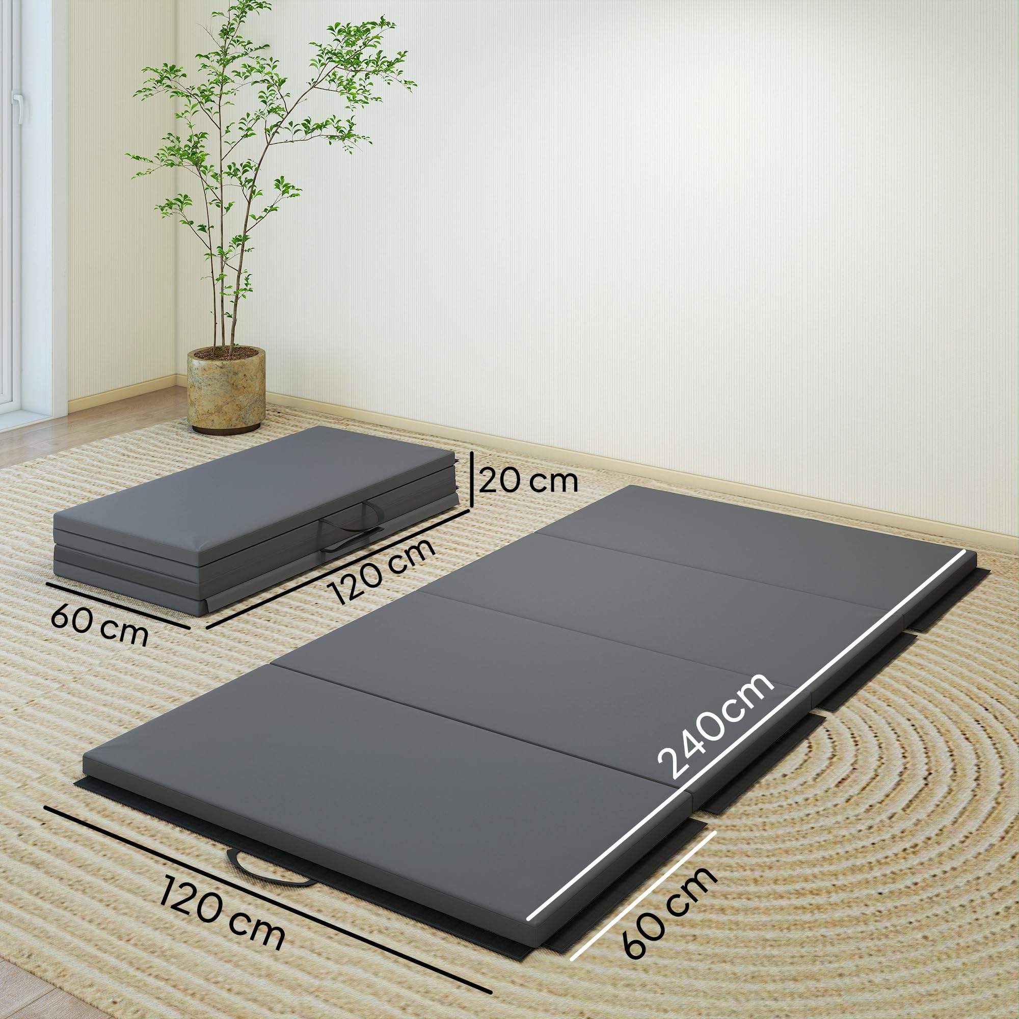 HOMCOM Tappetino da Ginnastica Pieghevole, Materassino Fitness Spesso 5 cm e Antiscivolo, Tappeto da Palestra Salvaspazio con Maniglia per Yoga e Pilates, Grigio