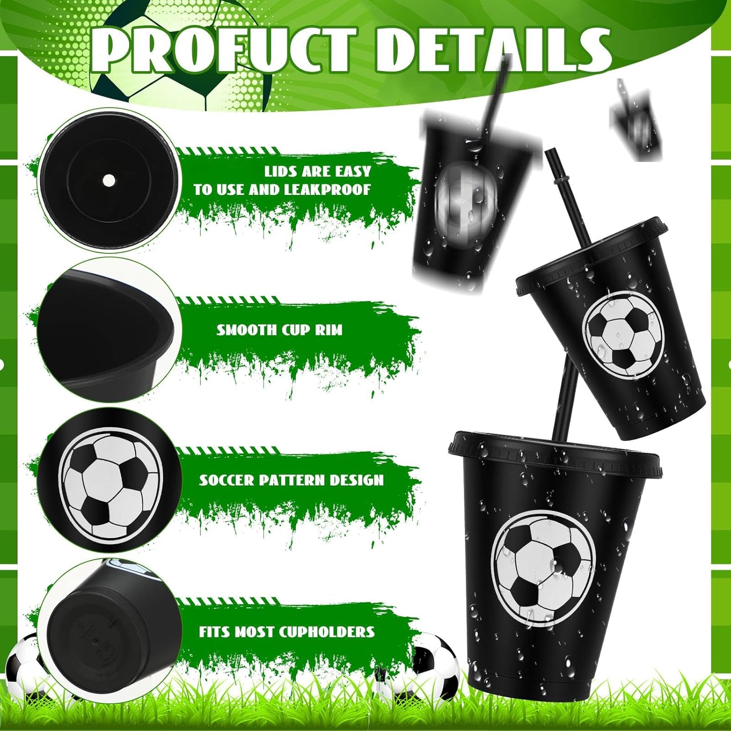 Domensi 20 Pcs Soccer Party Favor Cups Bulk 16oz Soccer Cups Reusable Plastic Tumbler with Lid and Straw for Team Coach Friend Fan Men Women Gifts Party Favor Decoration Supplies - Image 3