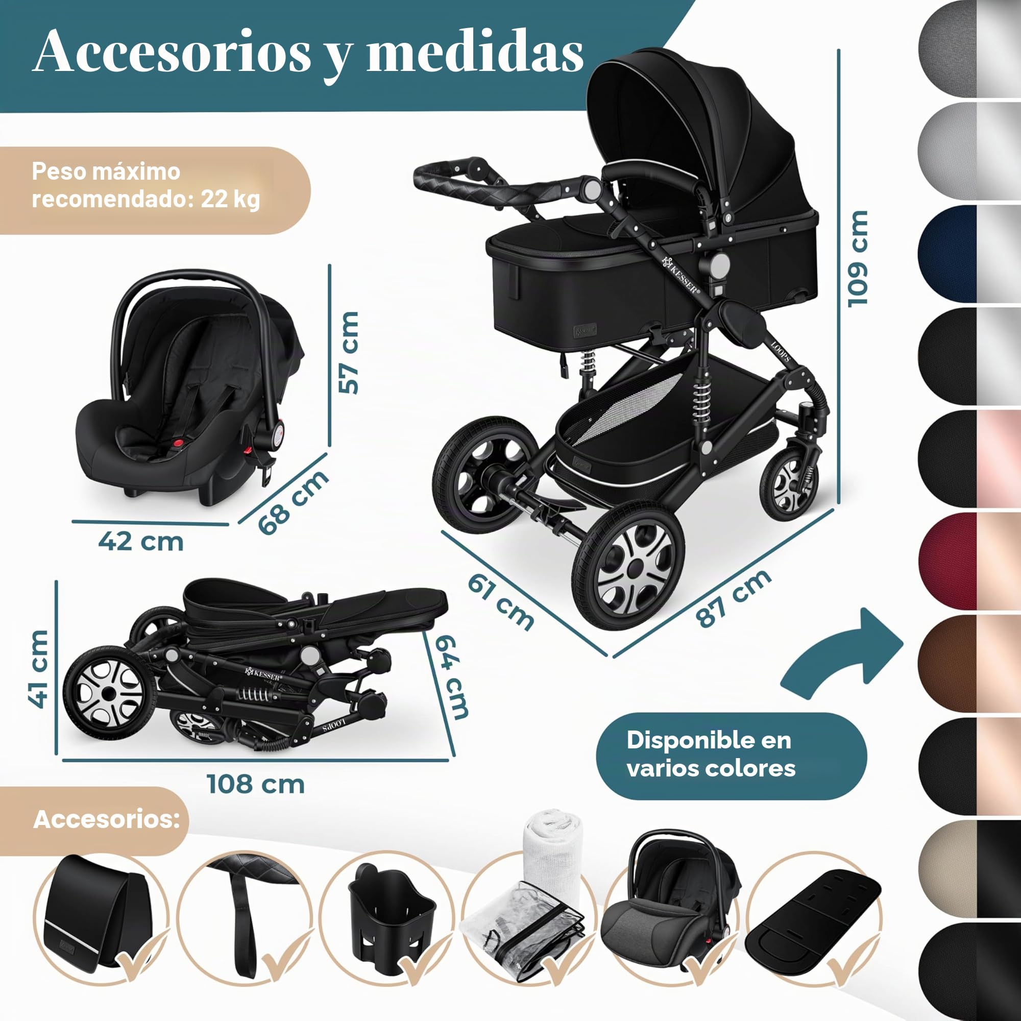 KESSER® Loops 3 in 1 Stroller combo juego completo de sillas de paseo incl. Asiento deportivo para bañera y silla de paseo, neumáticos de caucho macizo, bolso cambiador