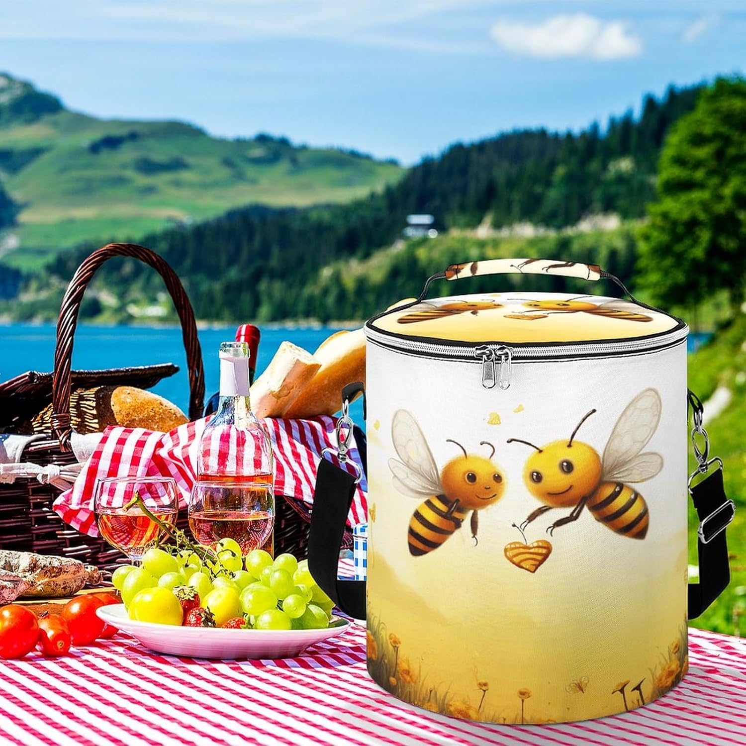 Premium Cooler Bag, Bee Love Honey Print Camping Cooler Bag Camping Gear Adjustable Shoulder Strap Cooler Camping Ice Chest, style