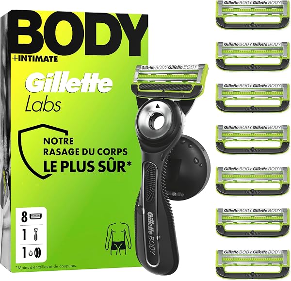 Gillette Labs Body + Intimate rasoir intime homme pour le rasage du corps et du pubis, cartouche de lames avec une barre anti poils incarnés et irritation, manche facile à gripper, 8 recharges - 1