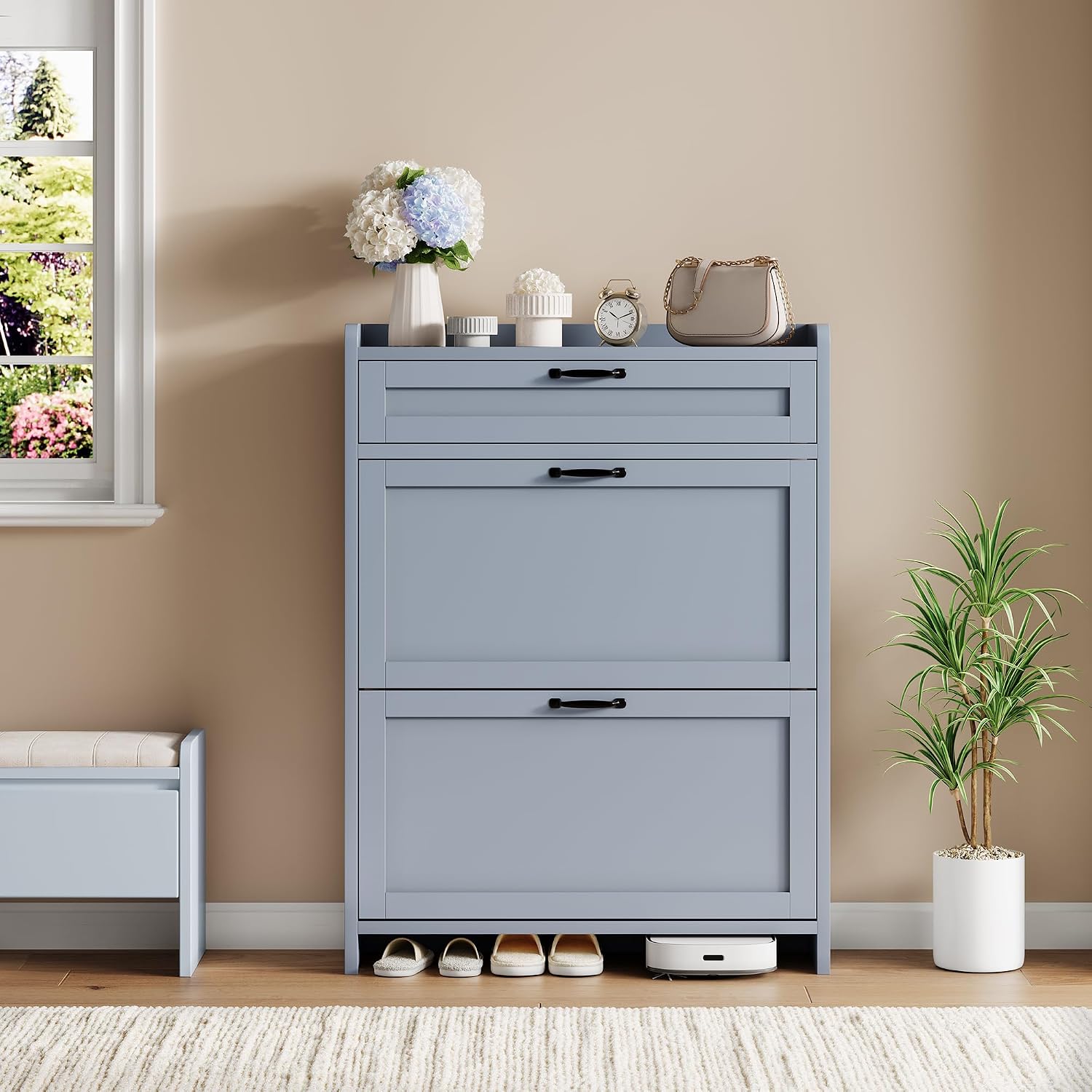 Shoe Cabinet with 2 Flip Drawers & 1 Top Drawer, Wooden Shoe Organizer Cabinet with Adjustable Shelf, Freestanding Shoe Storage Cabinets for Entryway, Hidden Shoe Storage for Hallway, Living Room