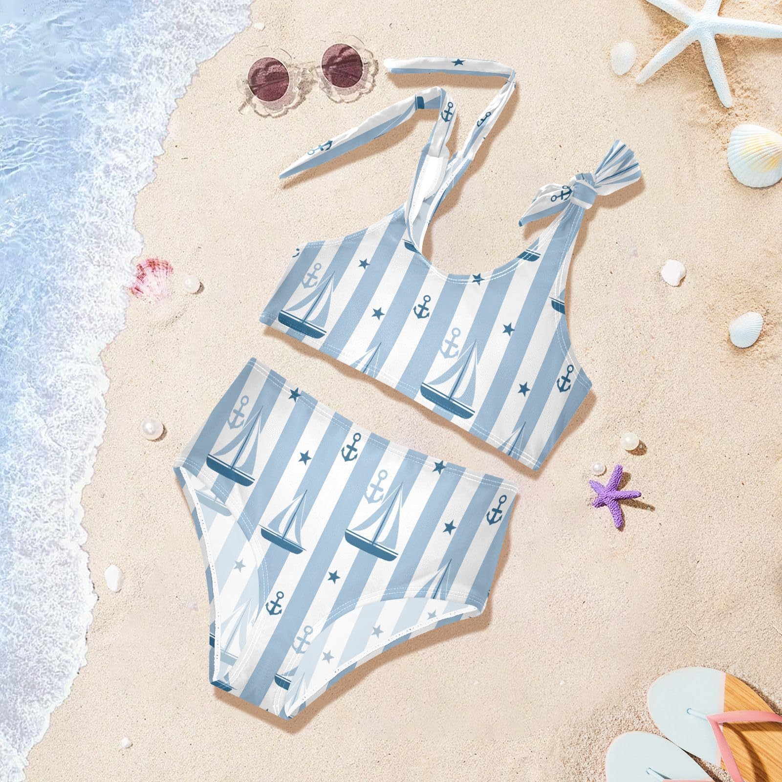 Sailing Boat Girls 2-Piece Tankini Swimsuit, Girls Bikini Swimsuits Summer Beach Bathing Suit Set, 3T Multicoloured