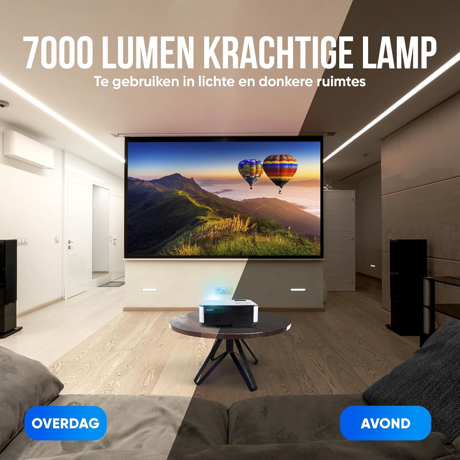 Strex SP64 projector displaying a bright image in a living room during daytime and nighttime, demonstrating 7000 lumens brightness.