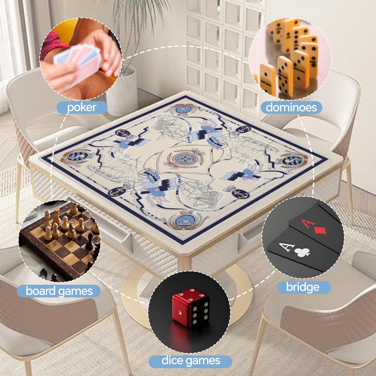 31.5"x31.5"Mahjong Mat for Table- Non-Slip Waterproof Surface Noise Reduction Foldable Table Mat with Storage Bag & Game Rules，Ready to Use，Easy to Store and Organize Yellow Boat Pattern