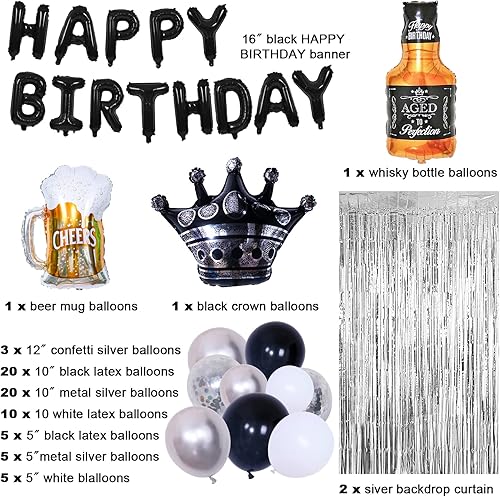 Miniatura 2 de Decoraciones de cumpleaños en blanco y negro para hombres mujeres niños y niñas kit de guirnalda de arco de globos negros y plateados decoraciones