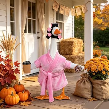 23 Inch Pink Lady Porch Goose Outfits, Bathrobe Porch Goose Statue | Costume with Cute Curlers and Coffee Cup, Funny Fall Halloween Lawn Yard Garden Patio Decor, Cute Goose Clothes Cement