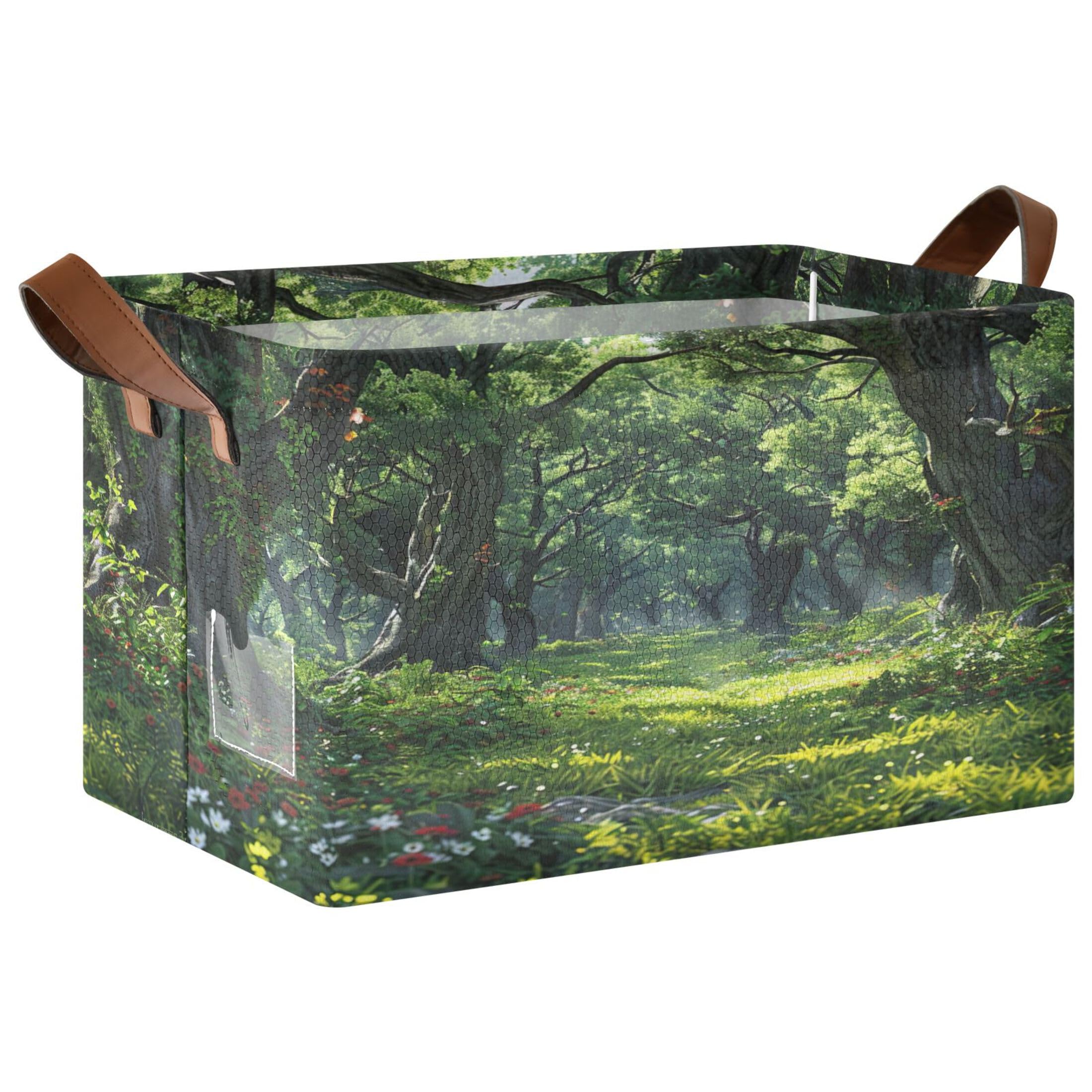 Kutsu Foldable Storage Basket Forest Collapsible Storage Bin with Handles for Shelves, Rectangle Basket for Home Nursery Decor, 16.9x11.4x10 in