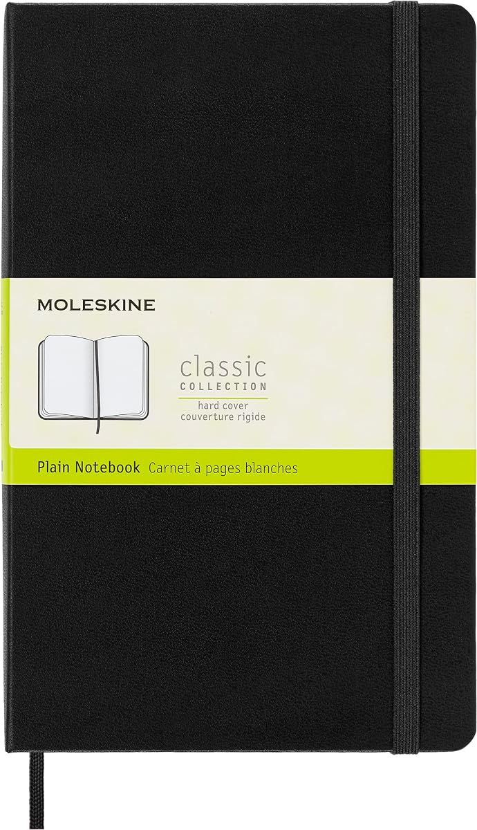 Classic Notebook, Large, Plain, Black, Hard Cover (5 x 8.25) | Large 5" x 8.25" notebook with 240 plain pages for sketching, drawing, journaling, and creative ideas.