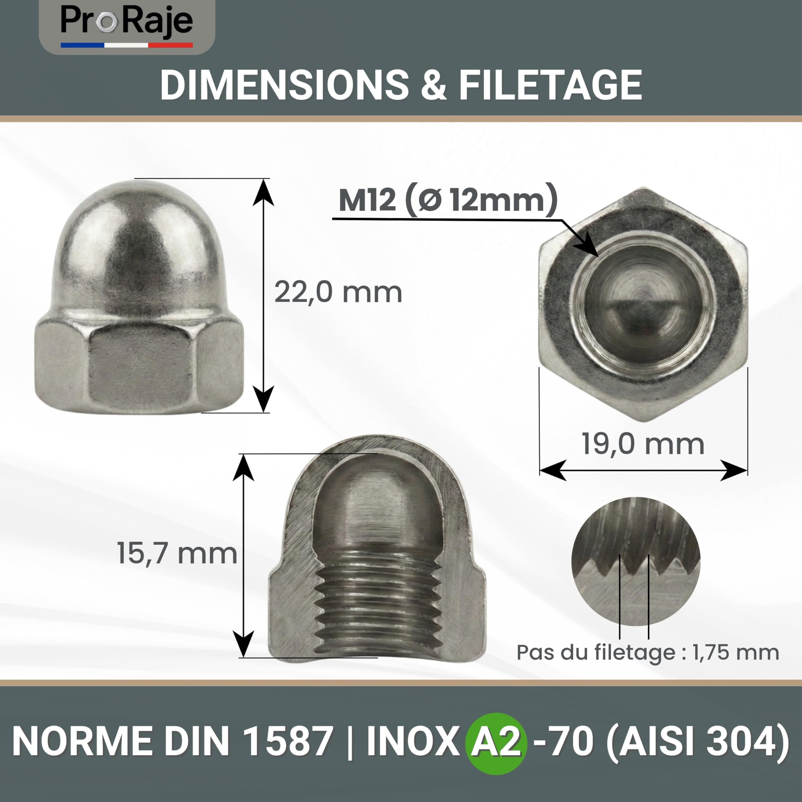 Tuerca de seguridad de acero inoxidable M12 | tuercas de sujeción hexagonales | DIN 1587 de acero inoxidable A2-070 (V2A/304) | tornillos de protección de tuercas de acero inoxidable, pernos, varillas