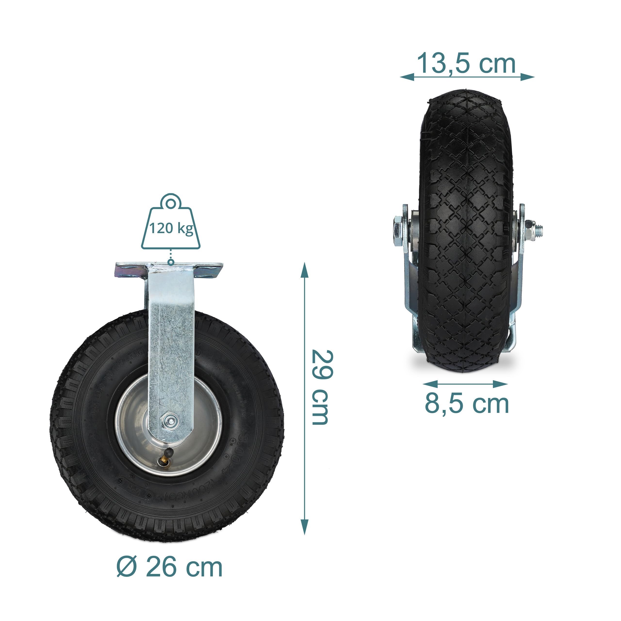 Relaxdays 4 Ruote Fisse e Girevoli 3.00-4, Rotelle per Mobili e Carichi da 120 kg, Piastra di Fissaggio, Nero Argentato