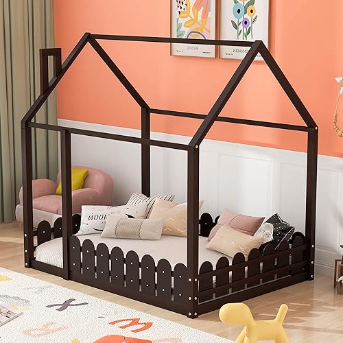 Miniatura 3 de Harper & Bright Designs Cama de casa Montessori tamaño matrimonial, base de cama de suelo con techo y valla, necesita somier, para niños pequeños,