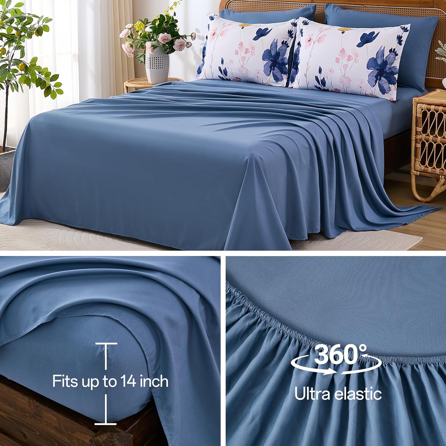 Anibedding Blue Floral Comforter Set King Size, 8 Piece Botanical Flower Bed in a Bag, Reversible Design Comforter, Soft Microfiber Complete Bedding Sets for All Season (Blue,90"x104") - Image 6