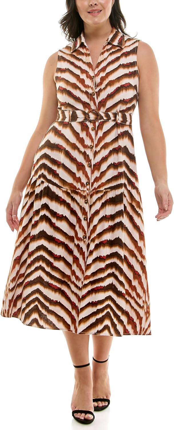 Nicole Miller New York Womens Sleeveless Shirt Collar Belted Tiered Shirt Dress