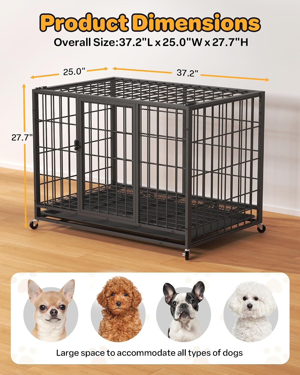 38'' Small Dog Crate, with 2 Doors & Stainless Steel Locks, Indoor Dog Kennel with Removable Tray and Swivel Wheels, Easy to Assemble and Clean, Cage for Small Breeds